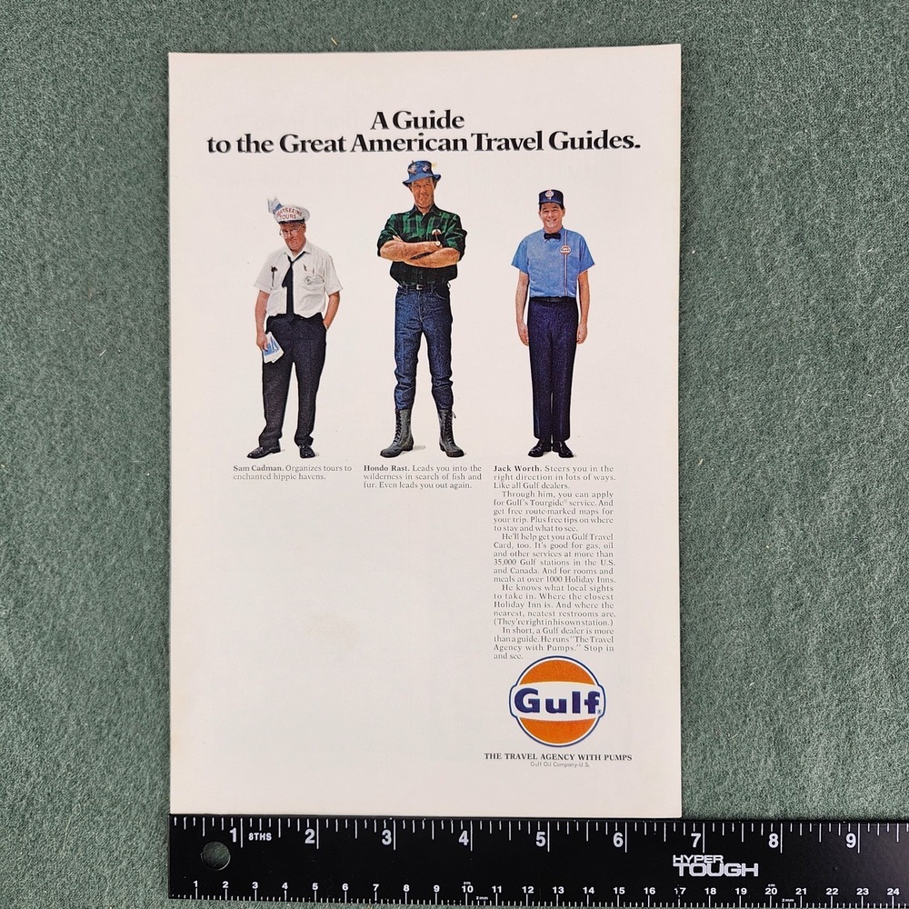 1969 Vintage GULF Travel‎ Agency w/ Gas Pumps Art print Ad - Travel Guides 10x7